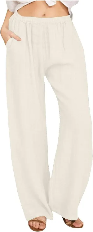 Women's Linen Wide Leg Pants Casual Loose Elastic Waisted Casual Summer Barrel Beach Palazzo Loose Fit Trousers