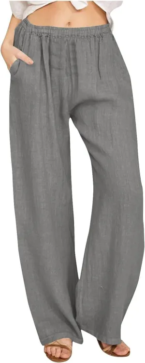 Women's Linen Wide Leg Pants Casual Loose Elastic Waisted Casual Summer Barrel Beach Palazzo Loose Fit Trousers