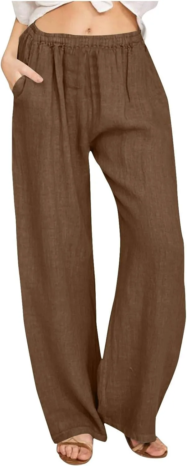 Women's Linen Wide Leg Pants Casual Loose Elastic Waisted Casual Summer Barrel Beach Palazzo Loose Fit Trousers