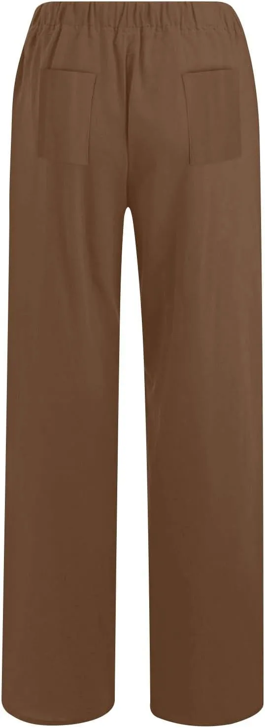 Women's Linen Wide Leg Pants Casual Loose Elastic Waisted Casual Summer Barrel Beach Palazzo Loose Fit Trousers
