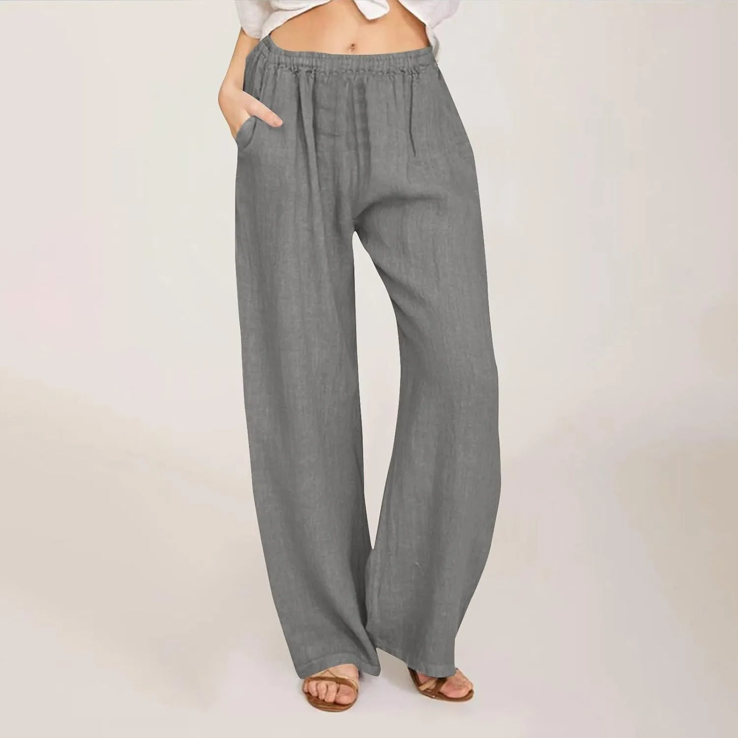 Women's Linen Wide Leg Pants Casual Loose Elastic Waisted Casual Summer Barrel Beach Palazzo Loose Fit Trousers
