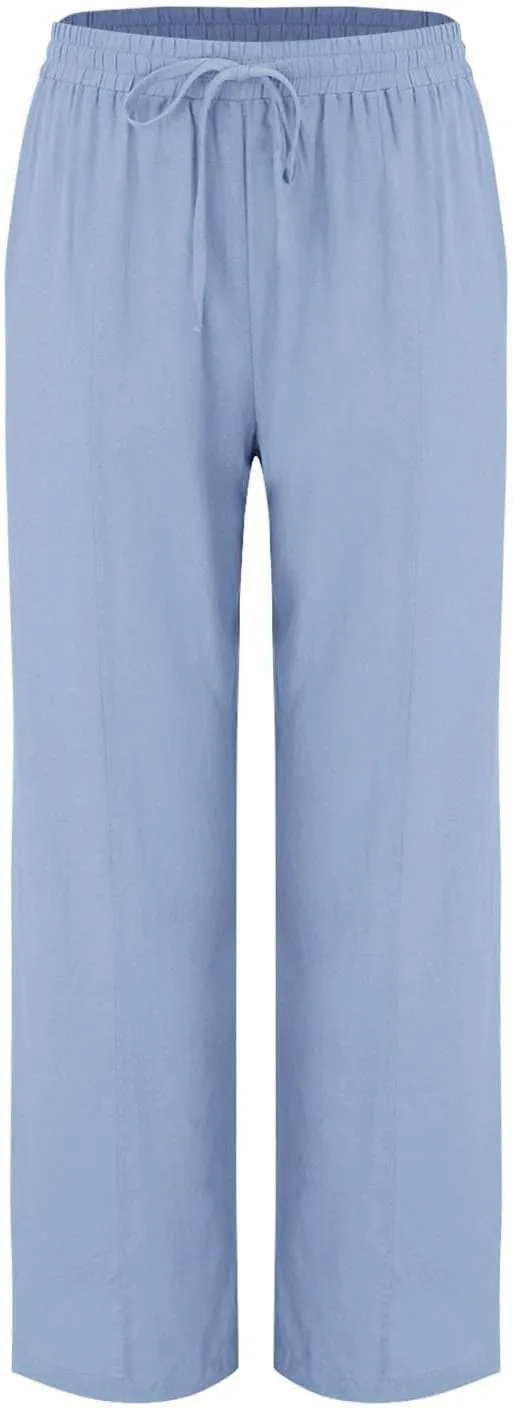 Womens Linen Wide Leg Pants Pull On Drawstring Comfy Casual Beach Palazzo Harem Summer Trousers with Pockets