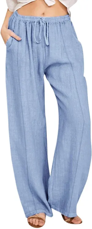 Womens Linen Wide Leg Pants Pull On Drawstring Comfy Casual Beach Palazzo Harem Summer Trousers with Pockets