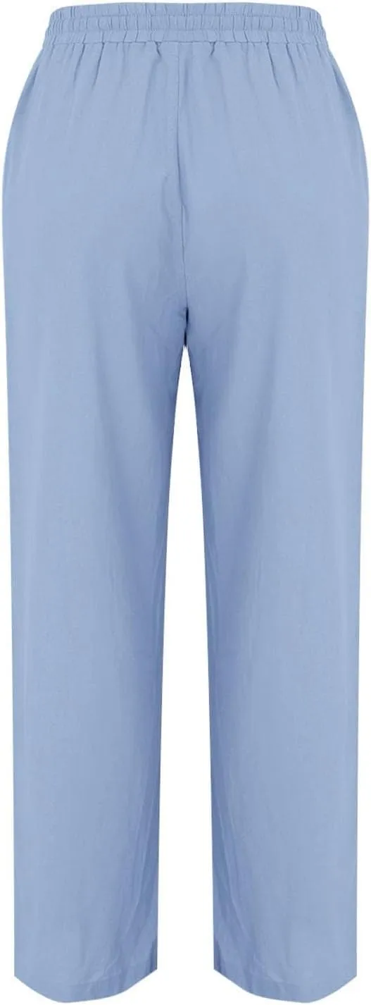 Womens Linen Wide Leg Pants Pull On Drawstring Comfy Casual Beach Palazzo Harem Summer Trousers with Pockets