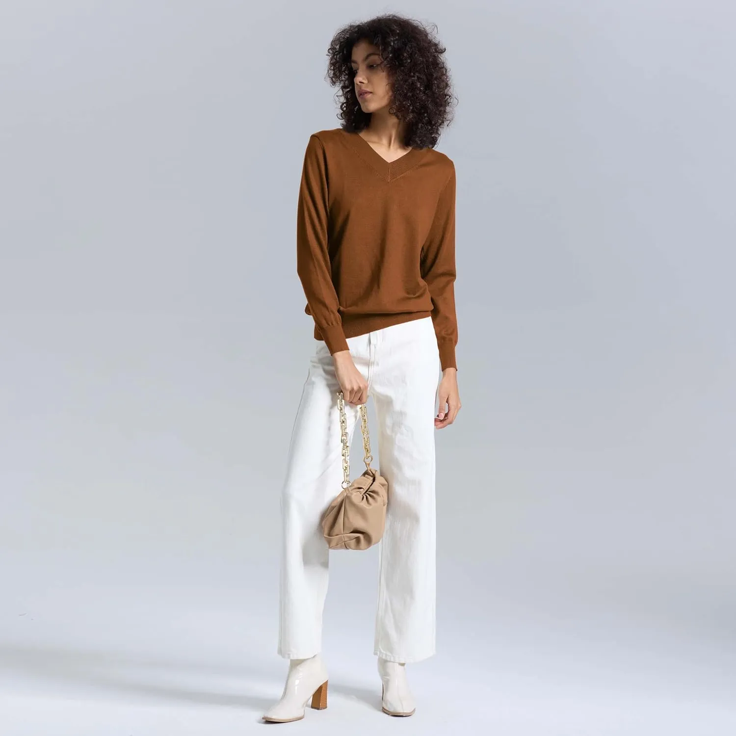 Women's Long-Sleeve Pullover Lightweight Soft V-Neck Casual Sweater Top