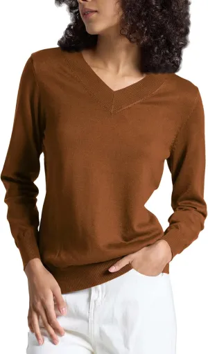 Women's Long-Sleeve Pullover Lightweight Soft V-Neck Casual Sweater Top