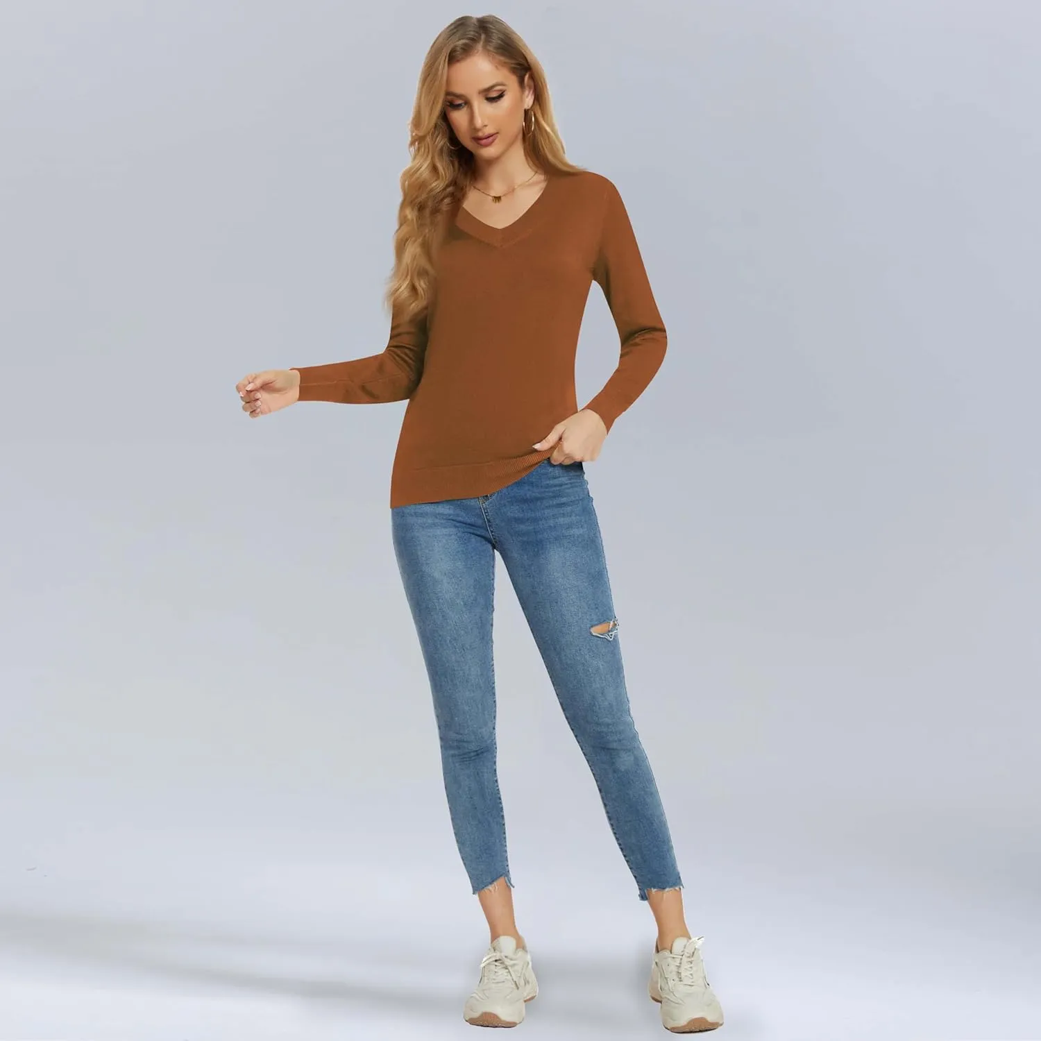 Women's Long-Sleeve Pullover Lightweight Soft V-Neck Casual Sweater Top