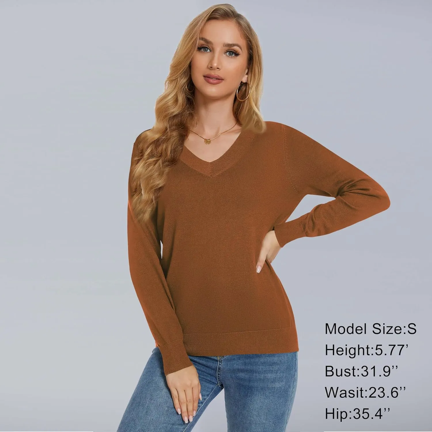 Women's Long-Sleeve Pullover Lightweight Soft V-Neck Casual Sweater Top