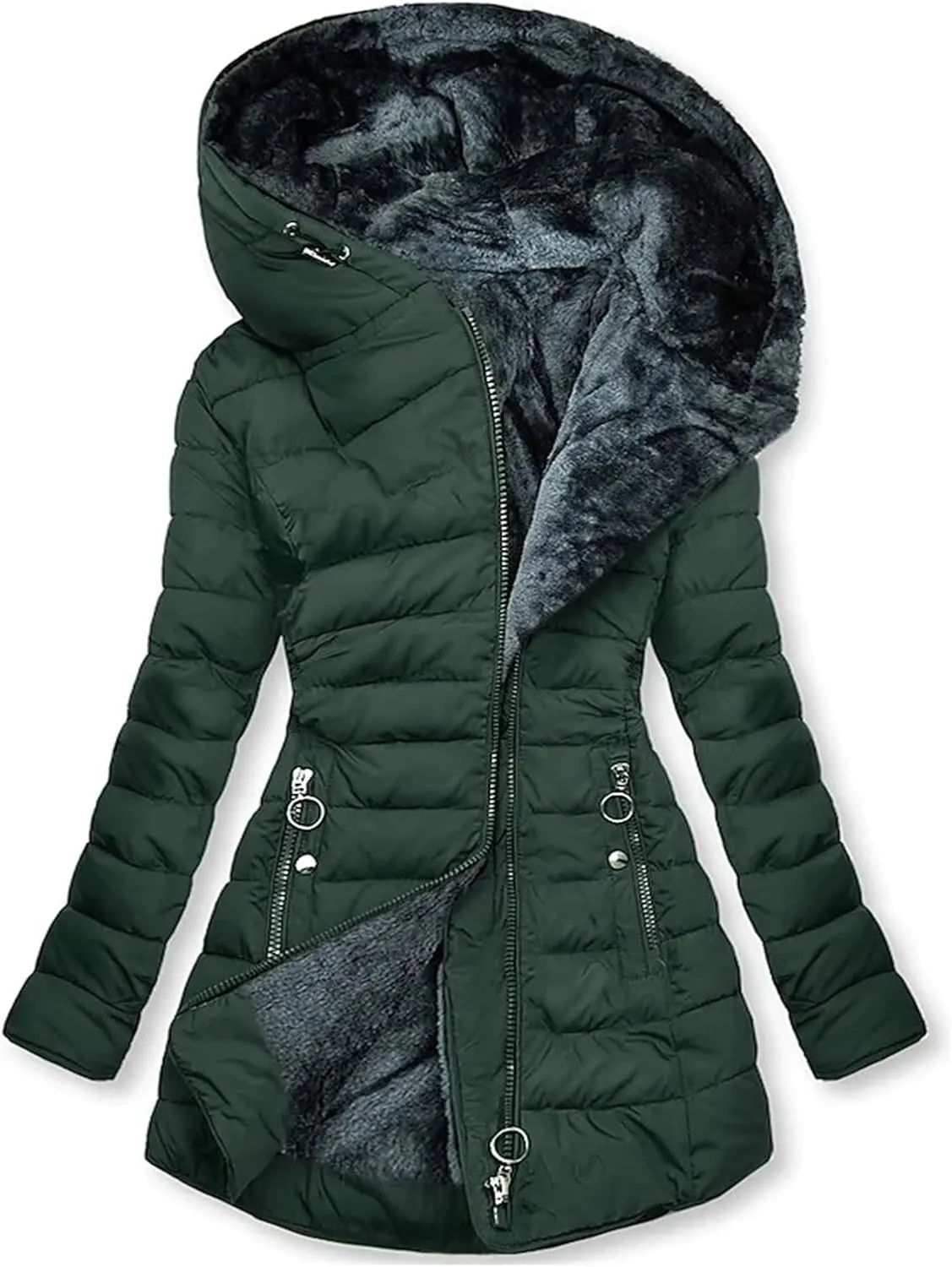 Women's Long Warm Thickened Winter Coat Offer Sherpa Lined Down Jacket Winter Cotton Padded Jacket Waterproof Fleece Coats Outdoor Women's Jacket(Green,X-Large)