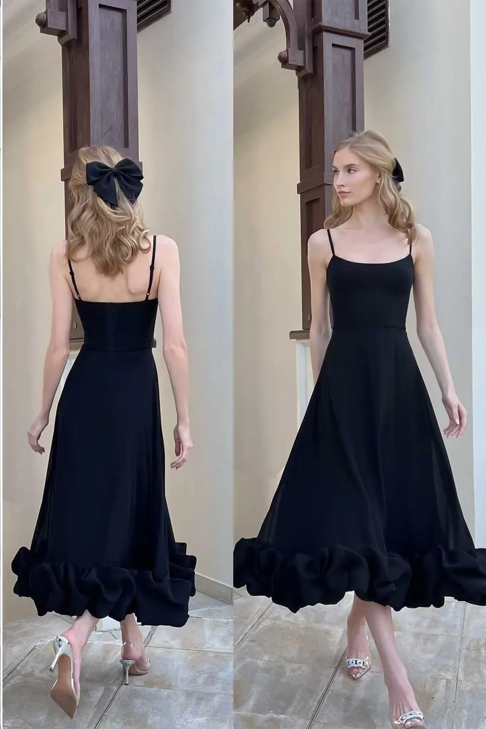 Women's Midi Prom Dresses Flounce Bustier Trim Ruffle Formal Evening Party Dress Tea Length 2024
