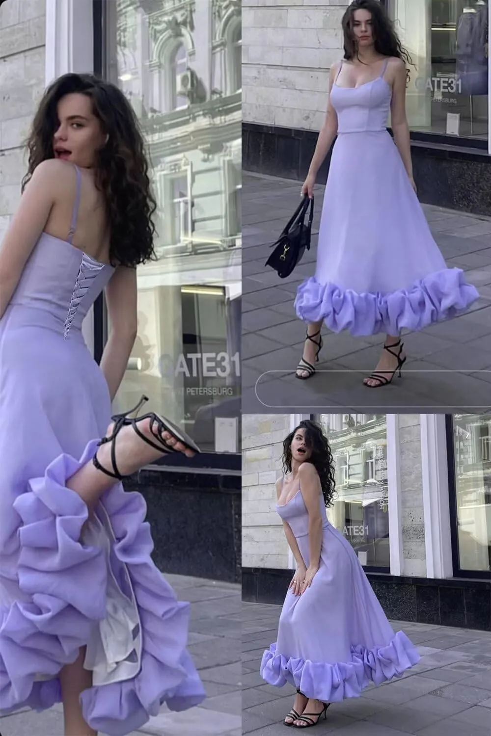 Women's Midi Prom Dresses Flounce Bustier Trim Ruffle Formal Evening Party Dress Tea Length 2024