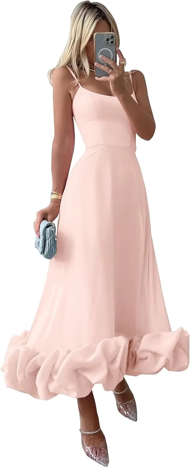 Women's Midi Prom Dresses Flounce Bustier Trim Ruffle Formal Evening Party Dress Tea Length 2024
