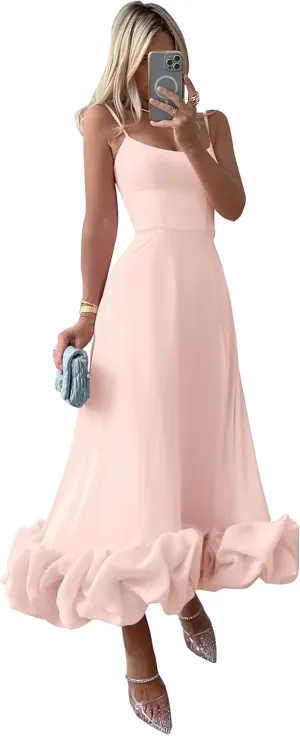 Women's Midi Prom Dresses Flounce Bustier Trim Ruffle Formal Evening Party Dress Tea Length 2024