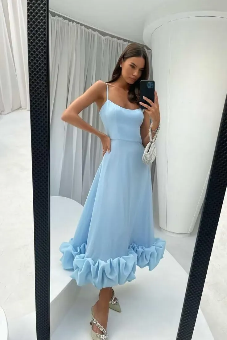 Women's Midi Prom Dresses Flounce Bustier Trim Ruffle Formal Evening Party Dress Tea Length 2024