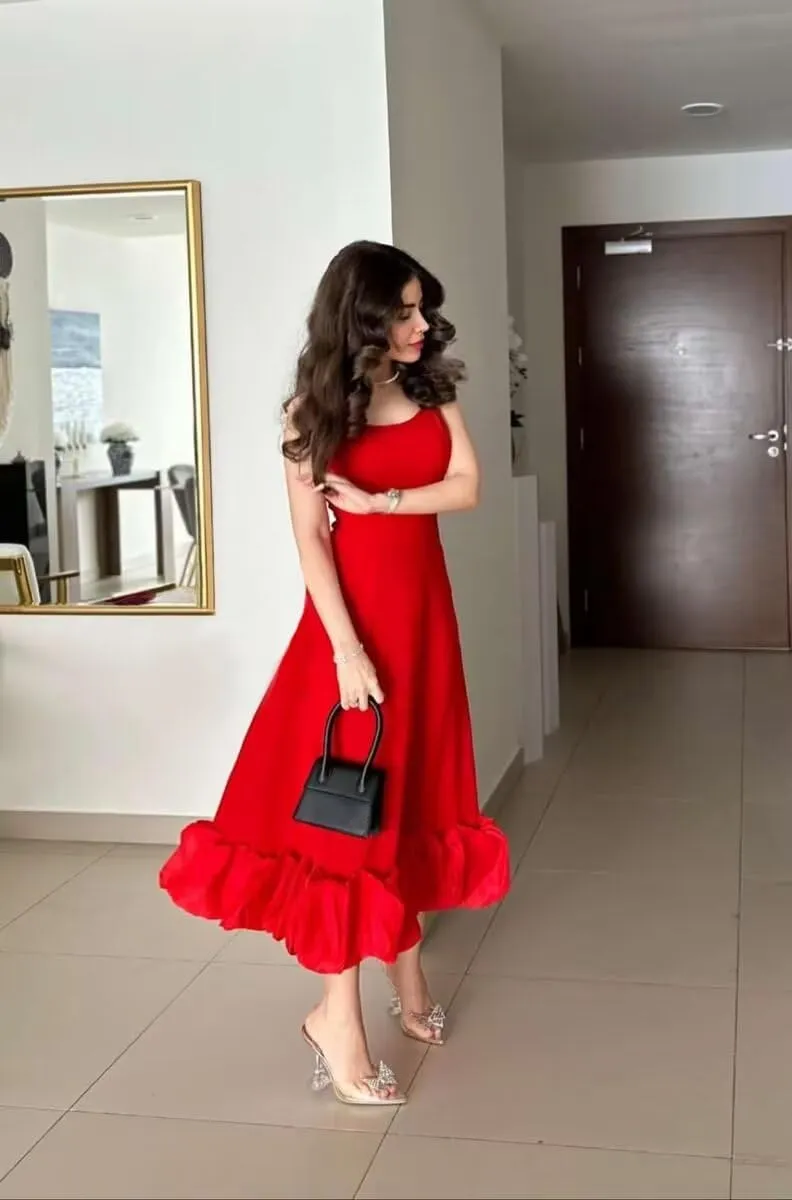 Women's Midi Prom Dresses Flounce Bustier Trim Ruffle Formal Evening Party Dress Tea Length 2024