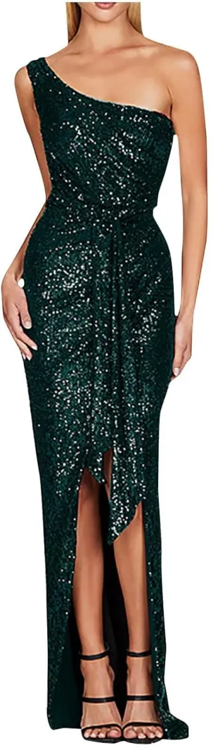 Womens One Shoulder Sequin Prom Dresses High Slit Sparkly Formal Long Bodycon Dress Evening Ball Gown