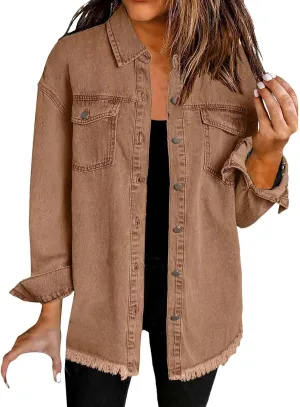 Womens Oversized Denim Jacket Lightweight Button Down Long Jean Jacket with Pockets Casual Distresse Jacket Coats