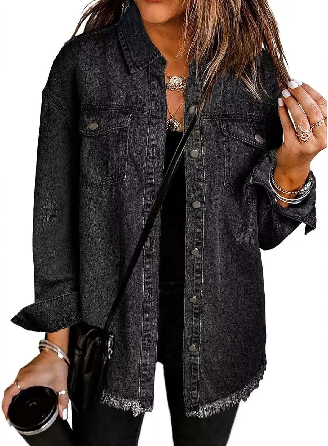 Womens Oversized Denim Jacket Lightweight Button Down Long Jean Jacket with Pockets Casual Distresse Jacket Coats