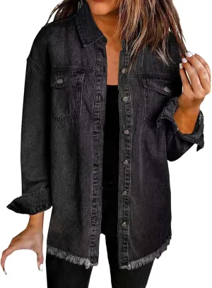 Womens Oversized Denim Jacket Lightweight Button Down Long Jean Jacket with Pockets Casual Distresse Jacket Coats