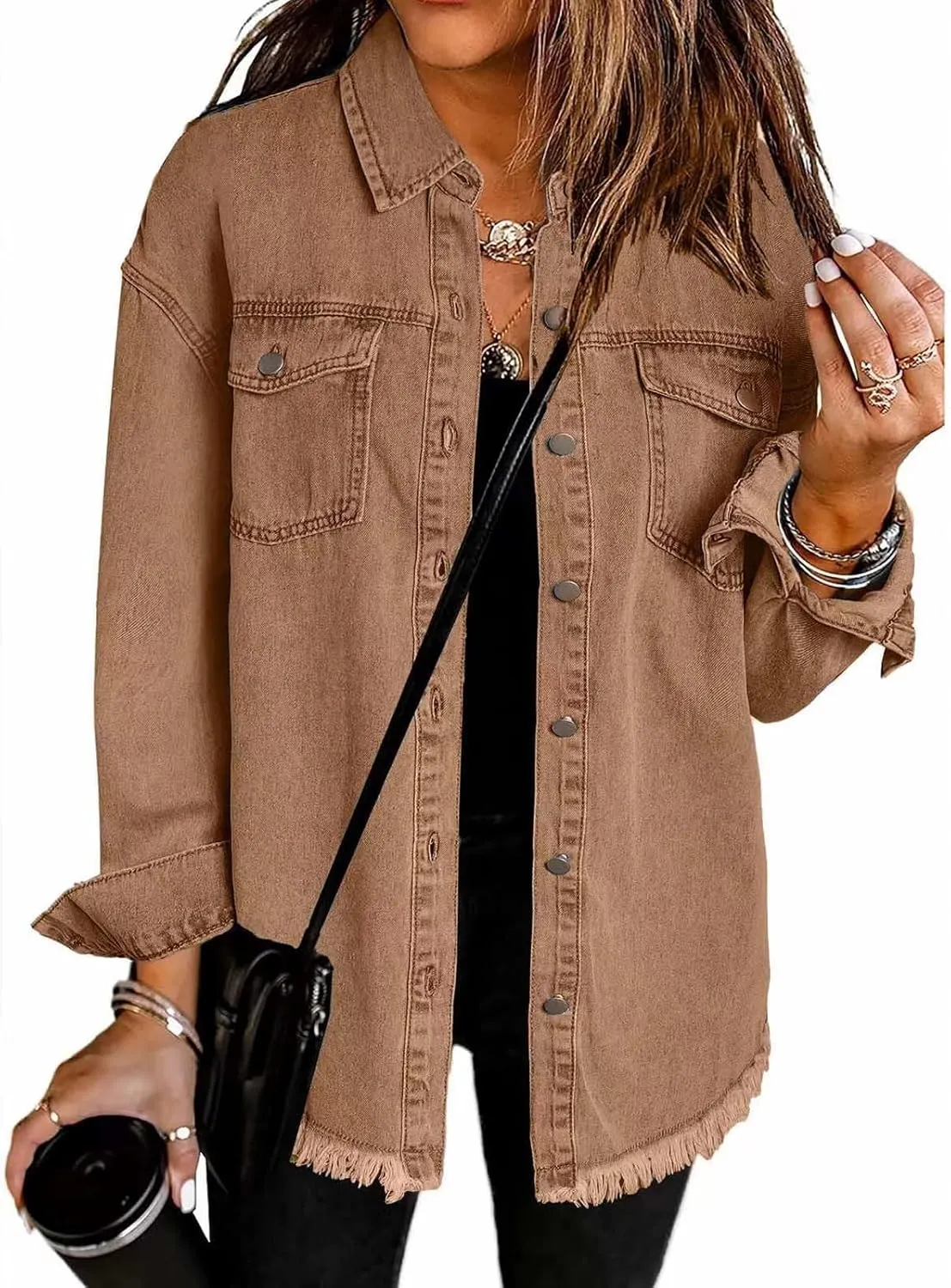 Womens Oversized Denim Jacket Lightweight Button Down Long Jean Jacket with Pockets Casual Distresse Jacket Coats