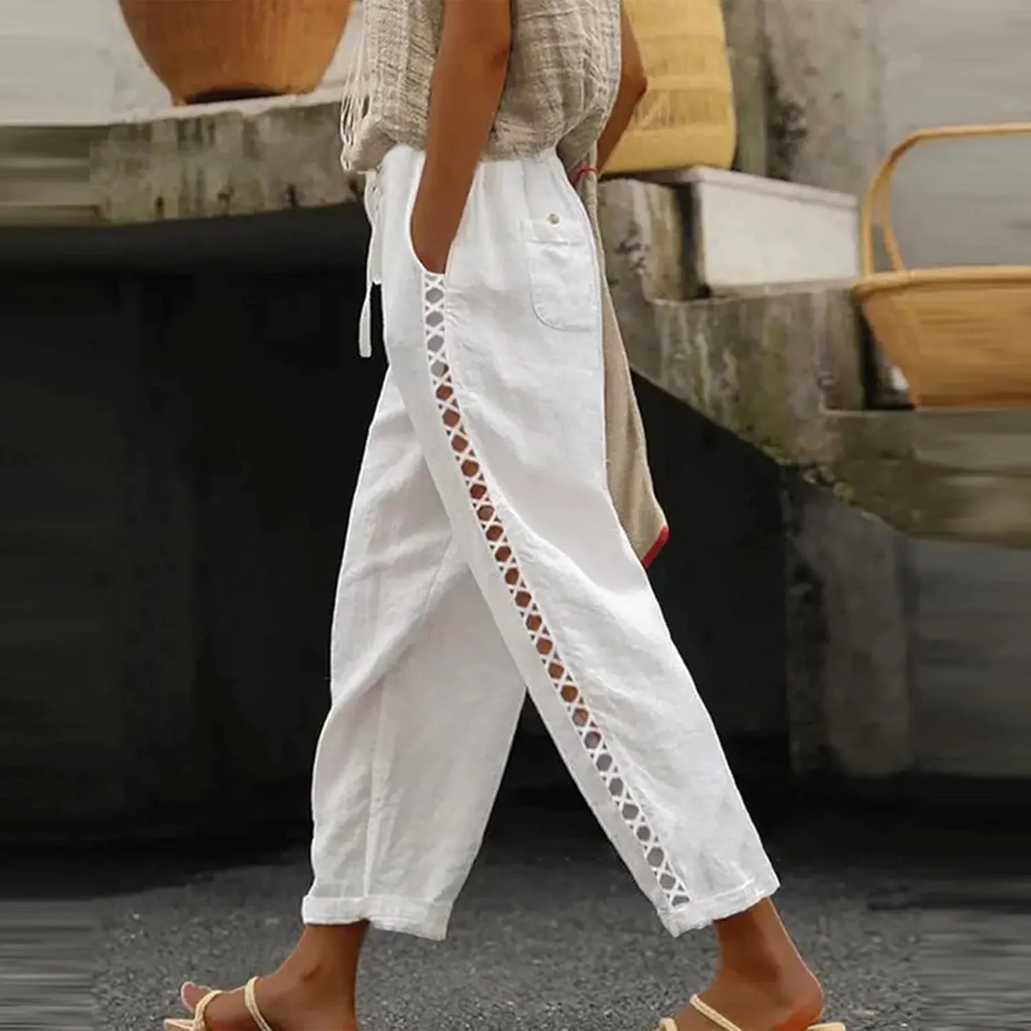 Women's Pants, Casual Pants Linen Stretchy Peasant Straight Leg Trendy Wide Adjustable
