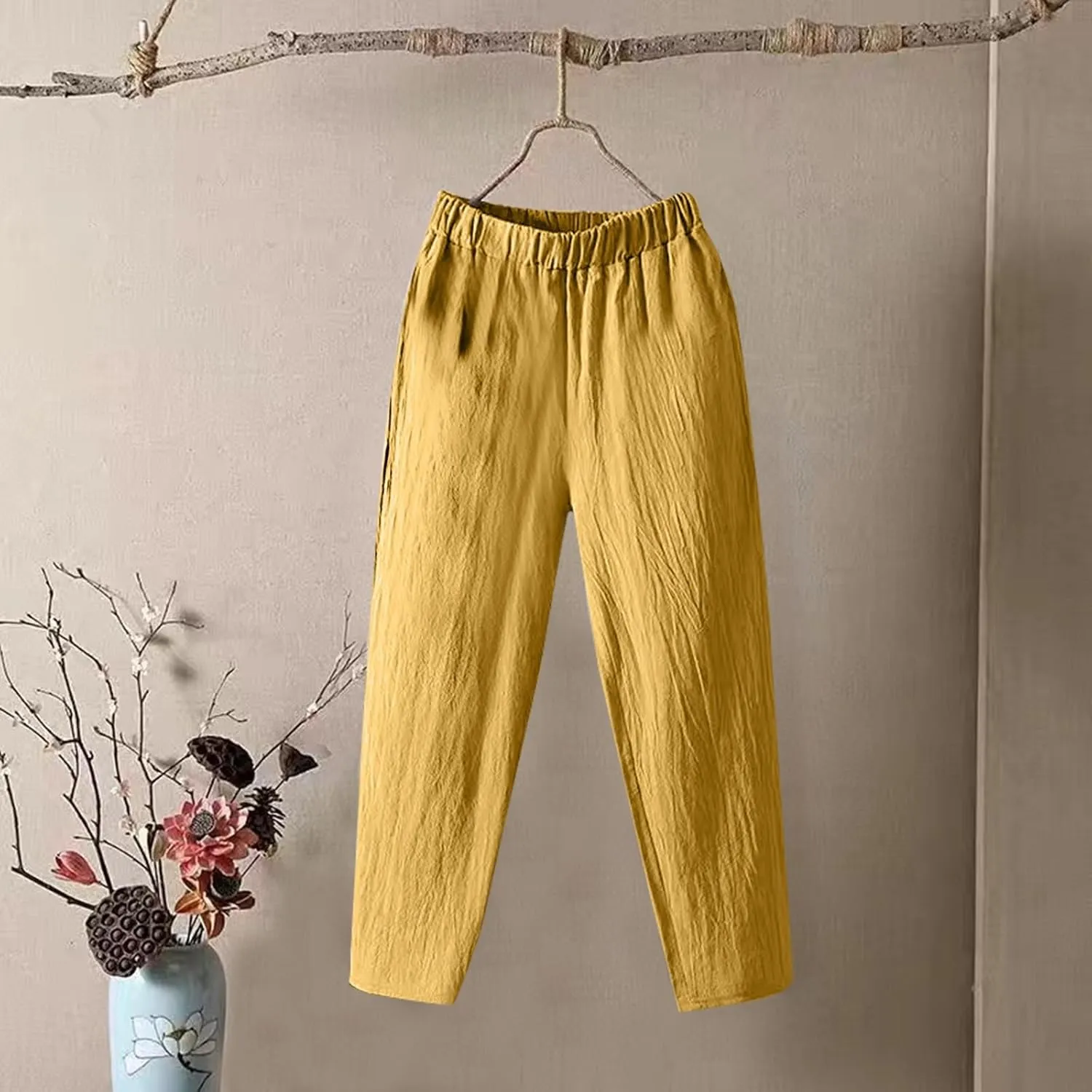 Women's Pants, Casual Pants Peasant Straight Leg Linen Trendy Women Causal Plaid