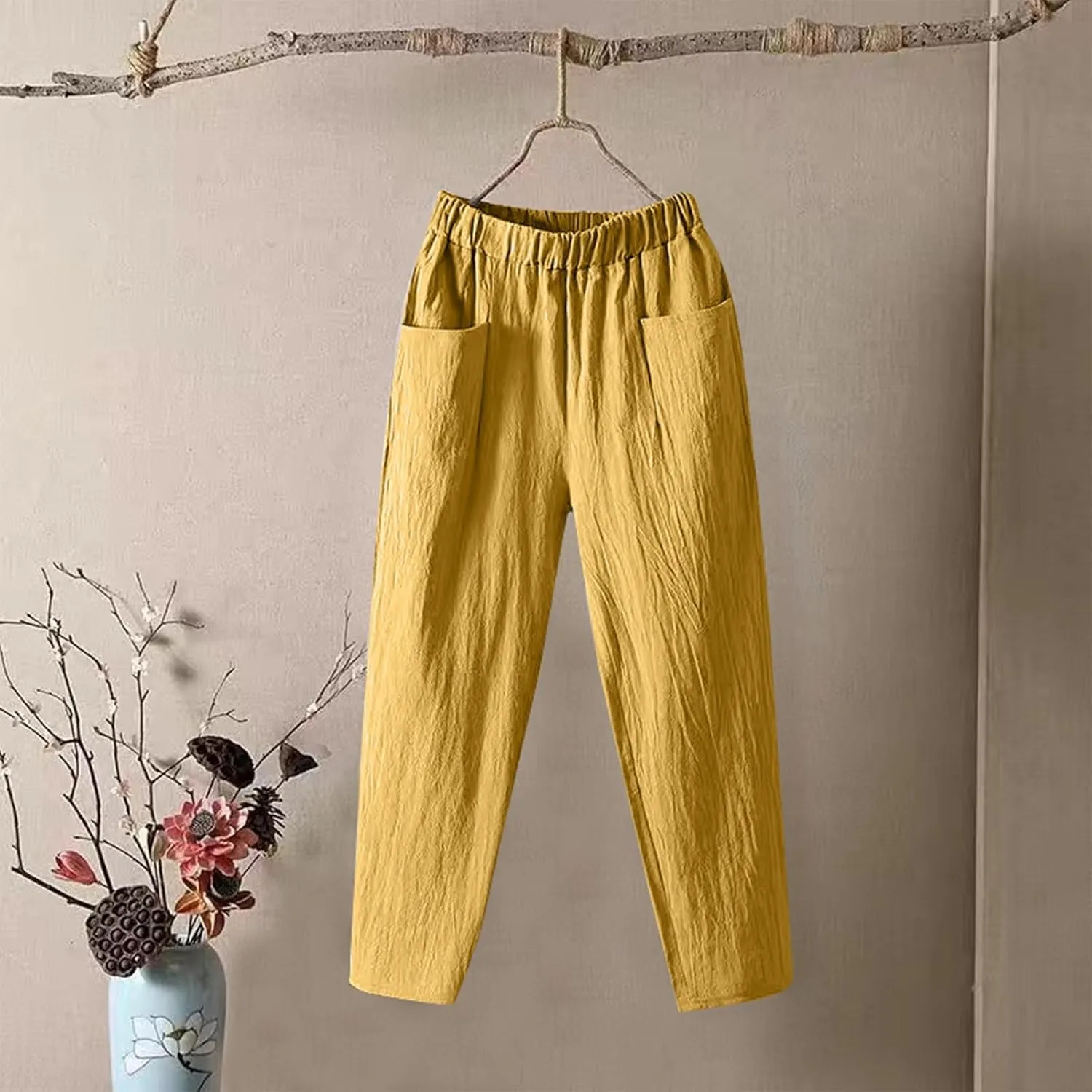 Women's Pants, Casual Pants Peasant Straight Leg Linen Trendy Women Causal Plaid