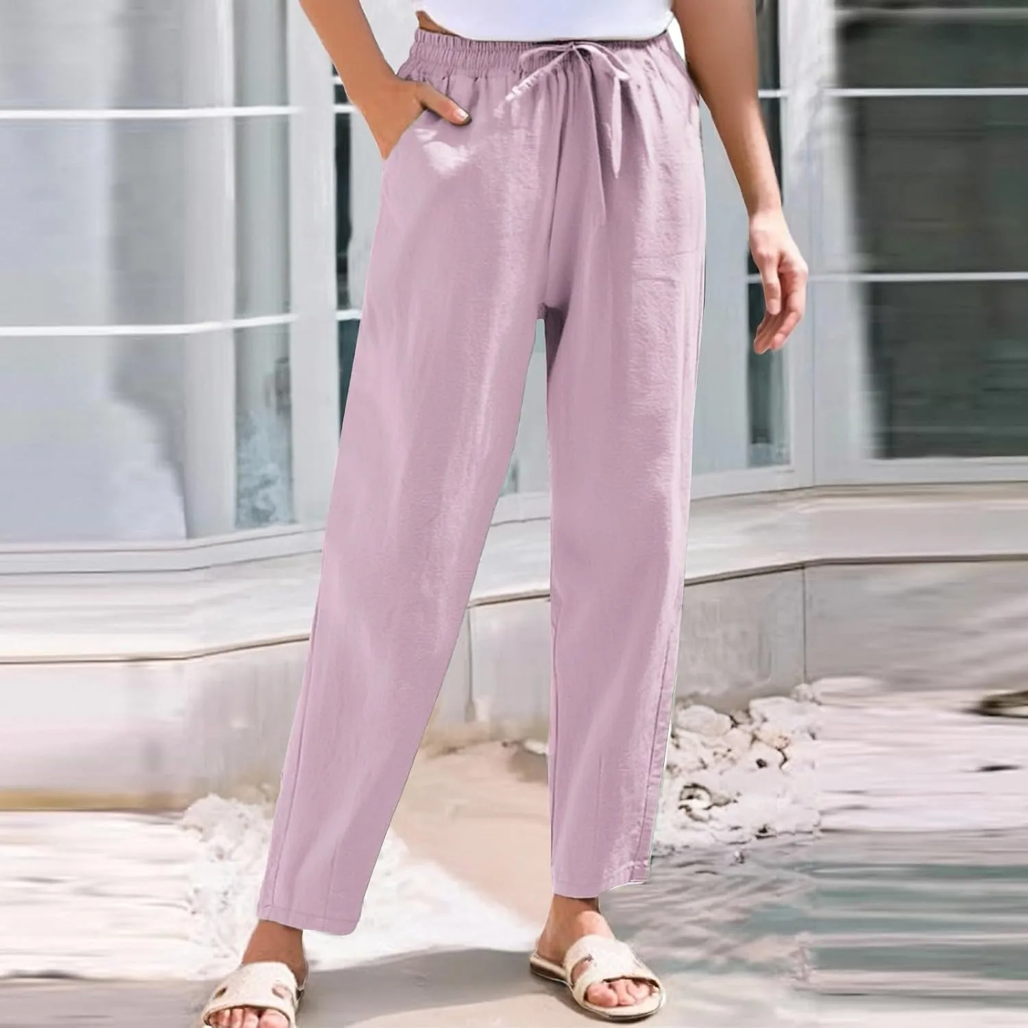 Women's Pants, Linen Casual Pants Straight Leg Peasant Women Trendy Teacher Wide