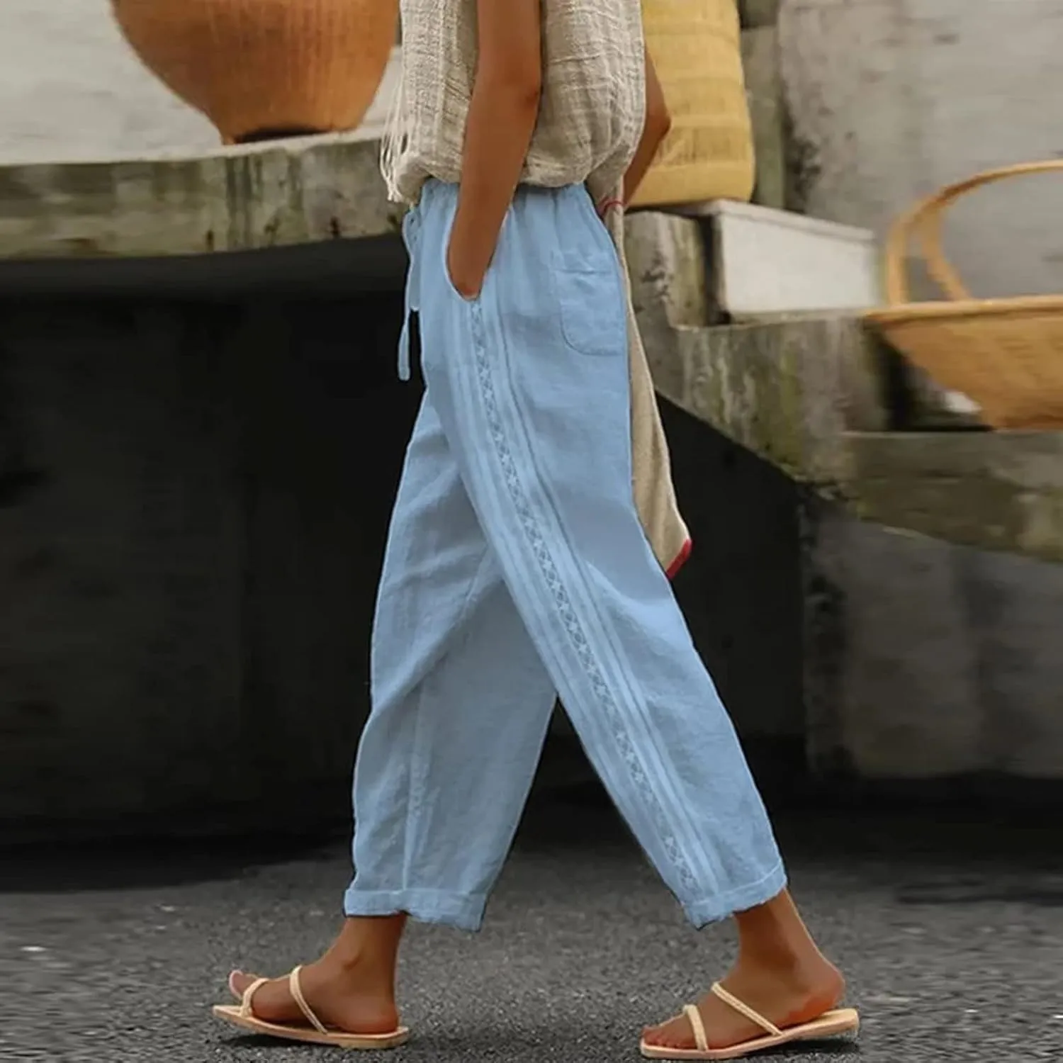 Women's Pants, Linen Peasant Pants Stretchy Straight Leg Casual Wide Slim Fit