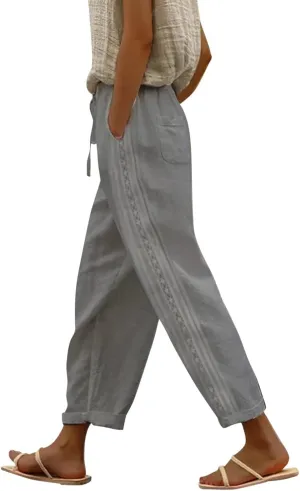 Women's Pants, Linen Straight Leg WomenS Casual Pants Peasant Drawstring Baggy Trousers