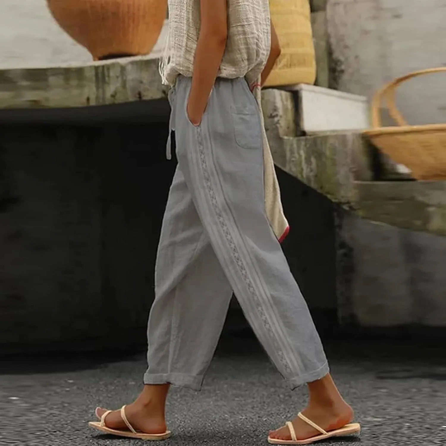 Women's Pants, Linen Straight Leg WomenS Casual Pants Peasant Drawstring Baggy Trousers