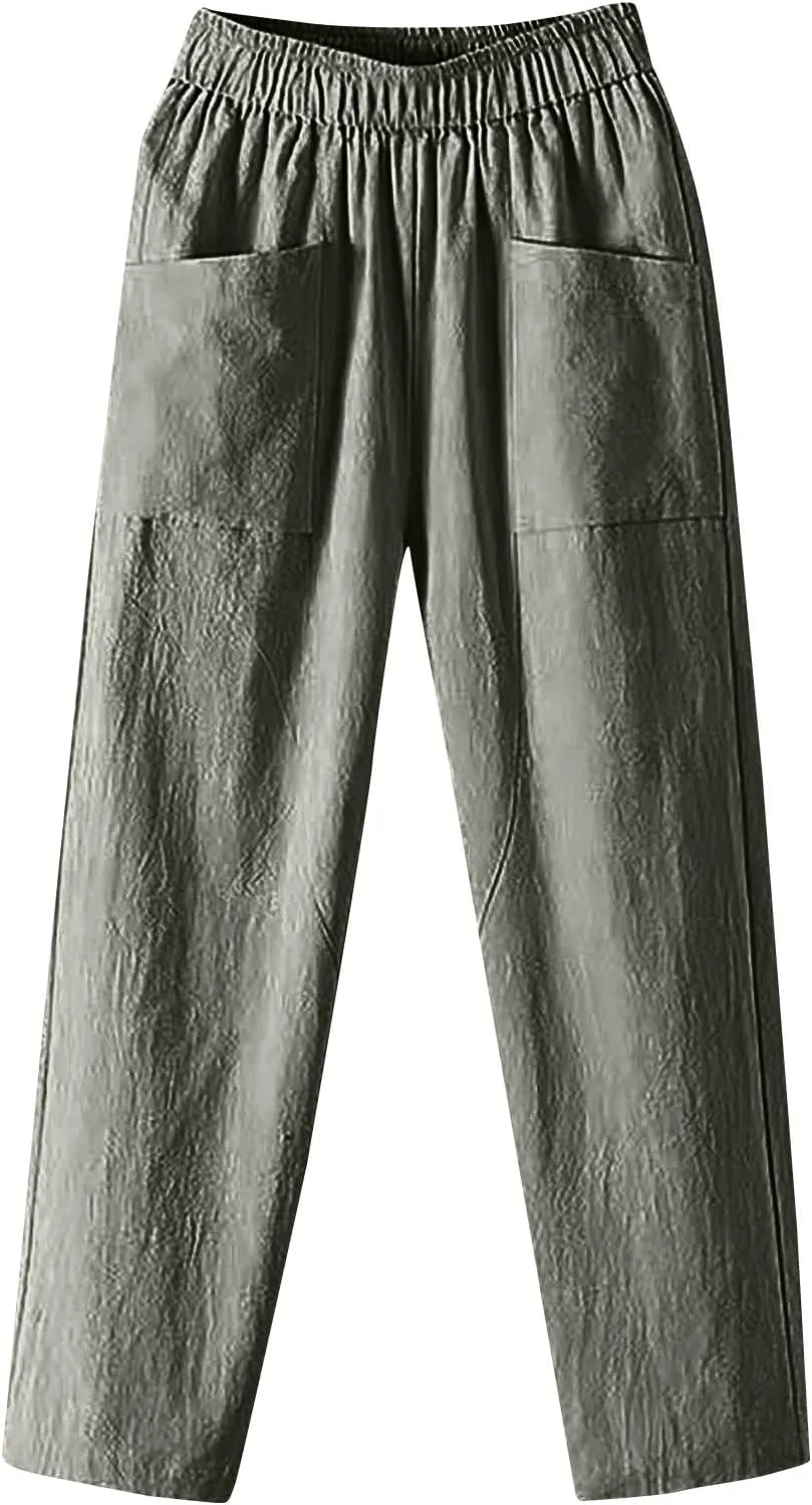 Womens Pants, Straight Leg Casual Pants Trendy Peasant Linen Baggy Stripe Lounge
