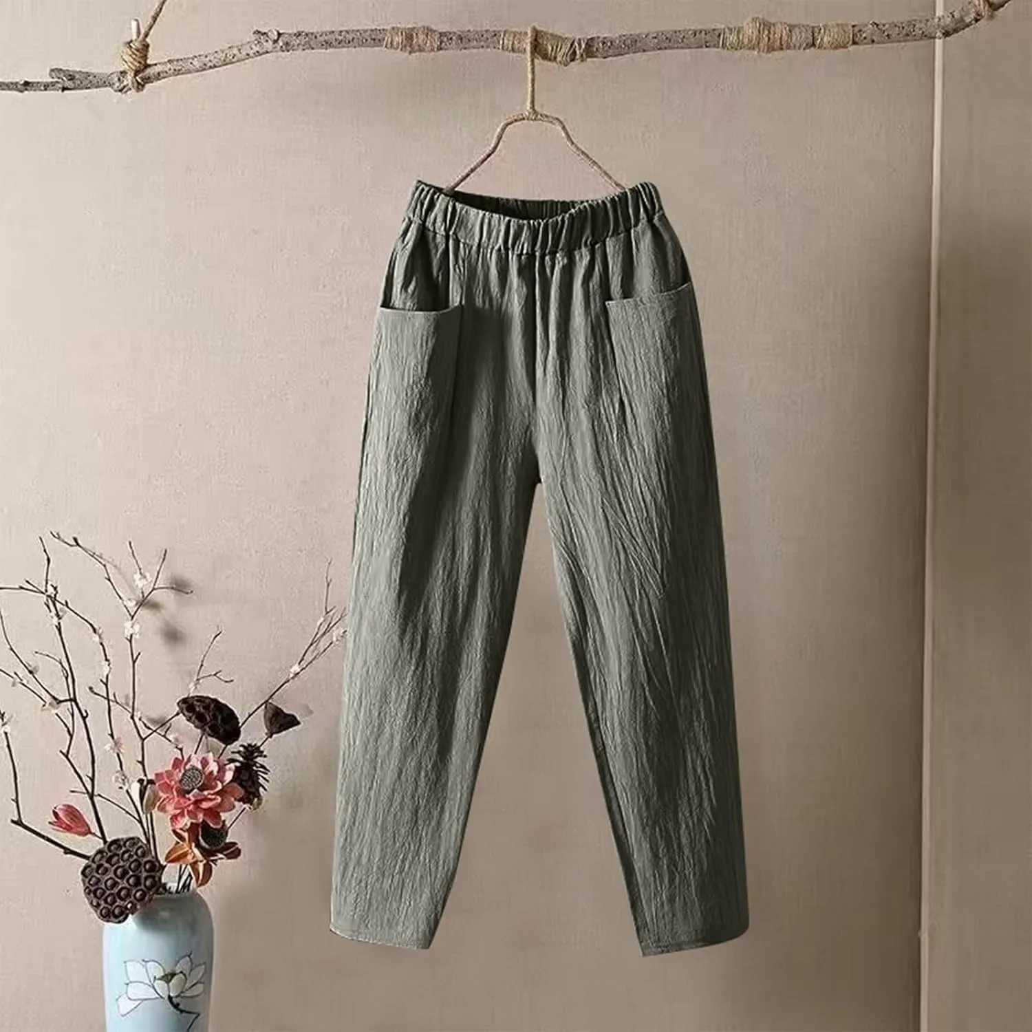 Womens Pants, Straight Leg Casual Pants Trendy Peasant Linen Baggy Stripe Lounge