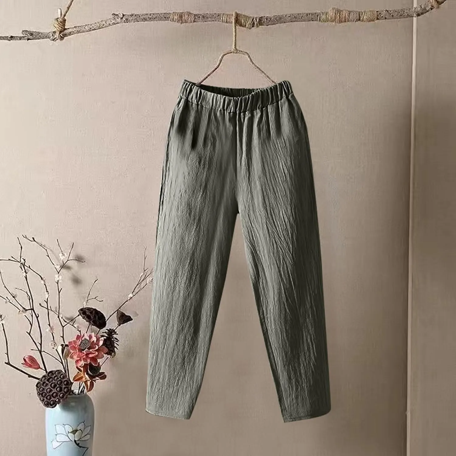 Womens Pants, Straight Leg Casual Pants Trendy Peasant Linen Baggy Stripe Lounge