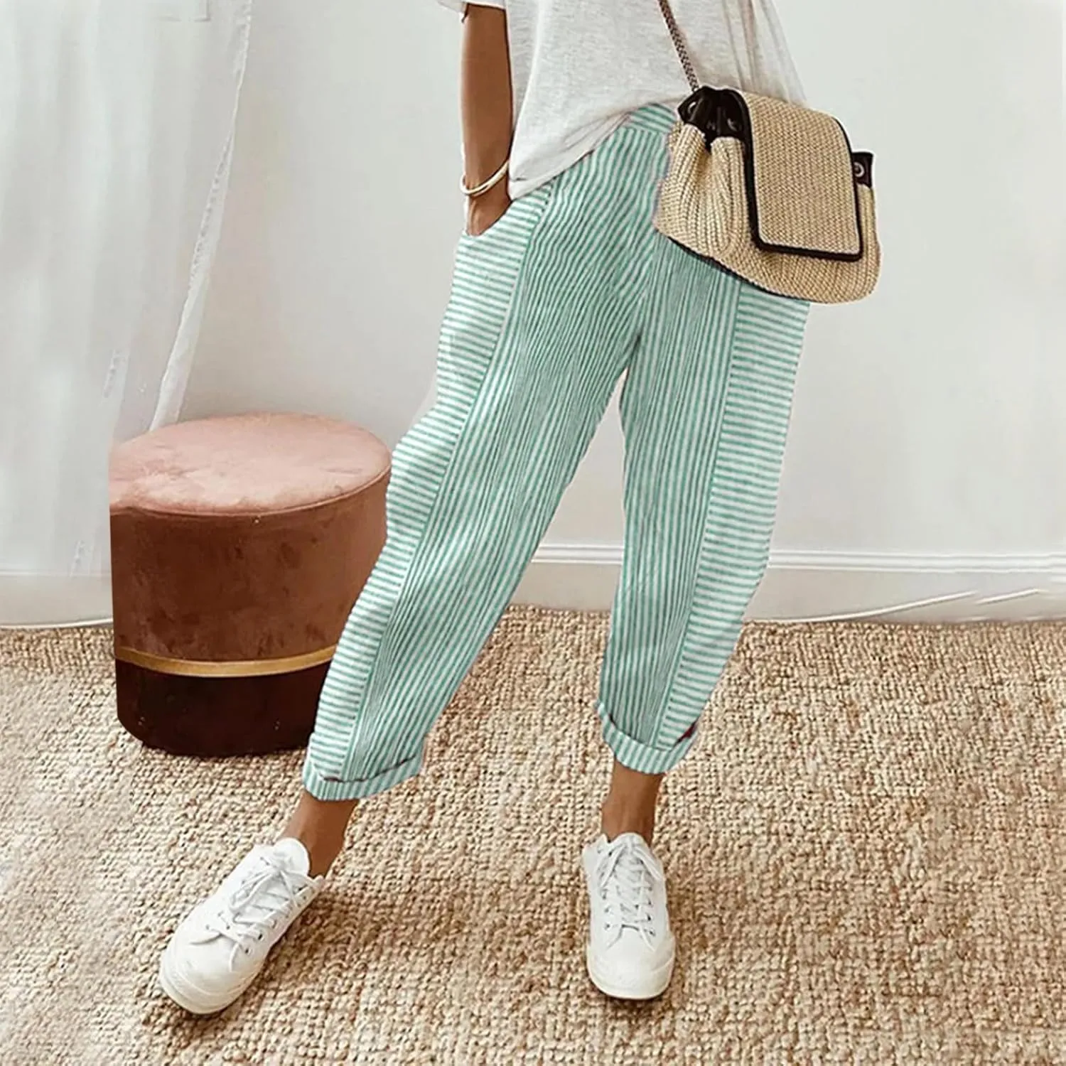 Womens Pants, Straight Leg Peasant Pants 2025 Casual Linen Stripe Wide Cotton