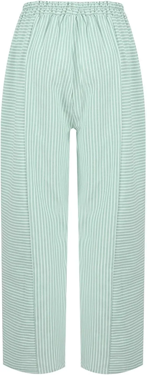 Womens Pants, Straight Leg Peasant Pants 2025 Casual Linen Stripe Wide Cotton