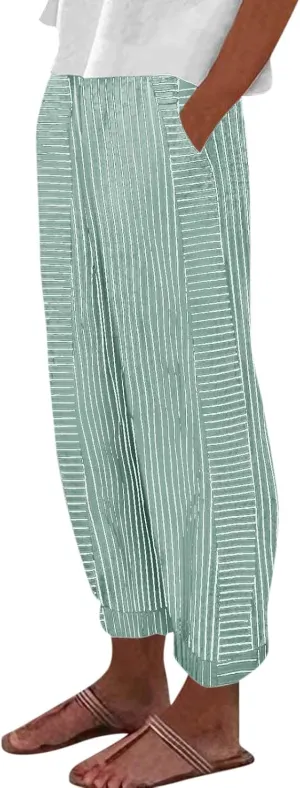 Womens Pants, Straight Leg Peasant Pants 2025 Casual Linen Stripe Wide Cotton