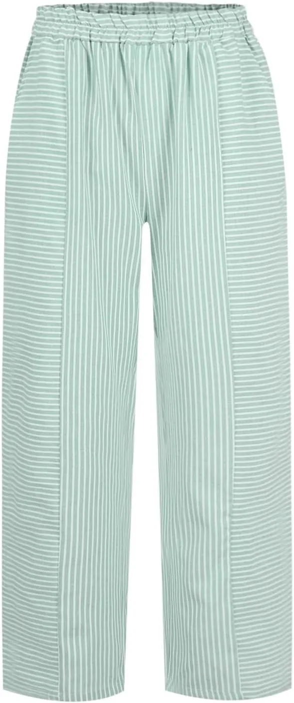 Womens Pants, Straight Leg Peasant Pants 2025 Casual Linen Stripe Wide Cotton
