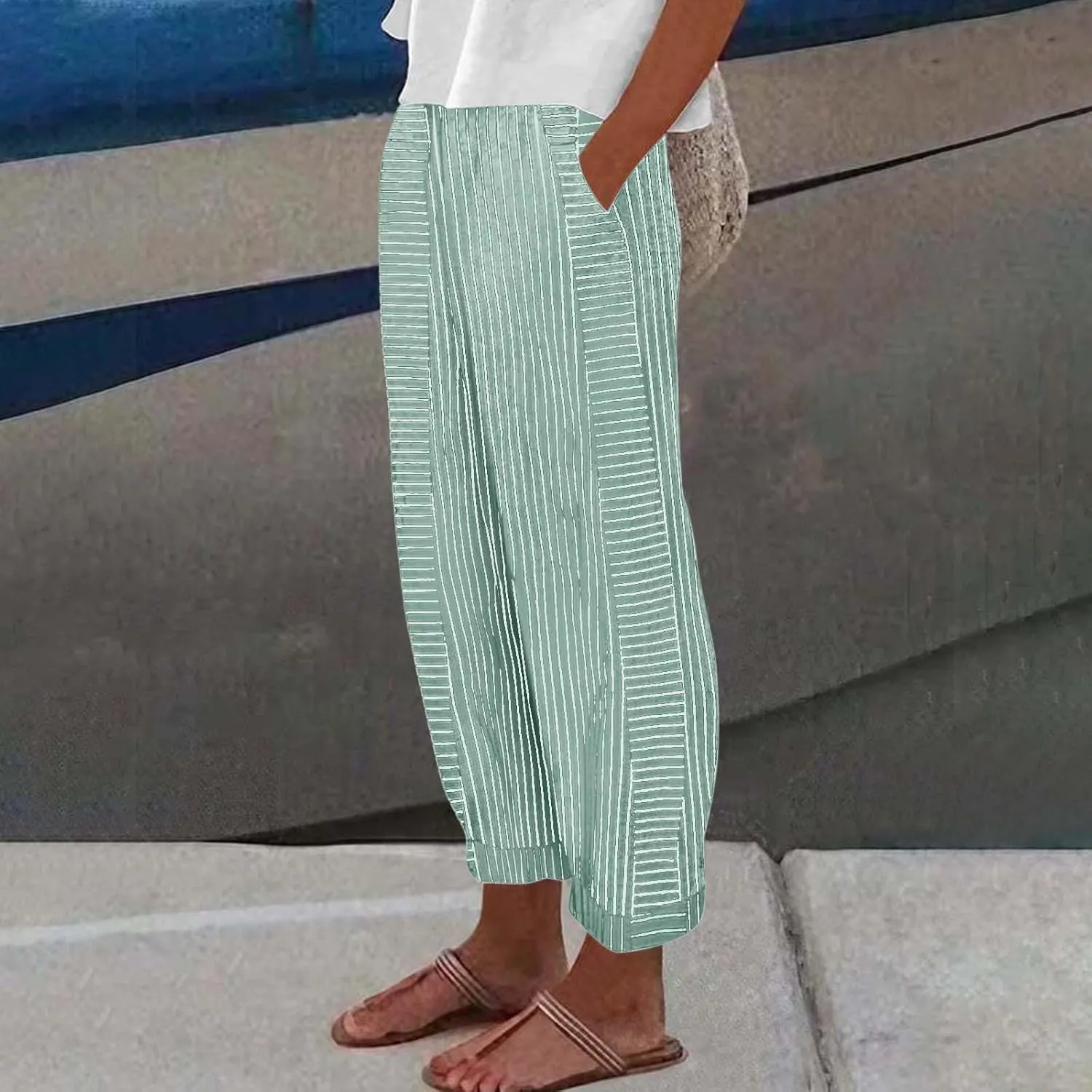 Womens Pants, Straight Leg Peasant Pants 2025 Casual Linen Stripe Wide Cotton