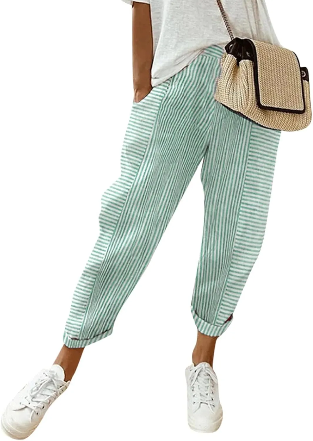 Womens Pants, Straight Leg Peasant Pants 2025 Casual Linen Stripe Wide Cotton