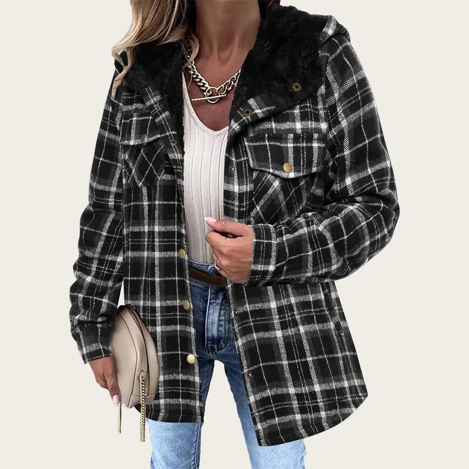 Womens Plaid Shacket Jacket Long Sleeve Button Down Fleece Hooded Jacket Warm Coat Casual Sherpa Fleece Lined Jacket