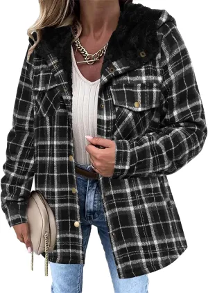 Womens Plaid Shacket Jacket Long Sleeve Button Down Fleece Hooded Jacket Warm Coat Casual Sherpa Fleece Lined Jacket