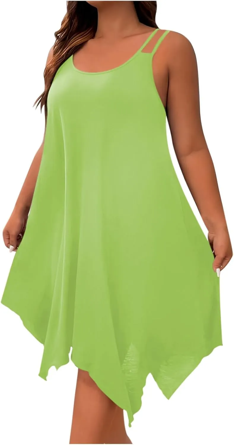 Womens Plus Size Dresses 2025 Summer Sleeveless Scoop Neck Asymmetrical Hem Flowy Midi Cami Dress Casual Loose Dresess
