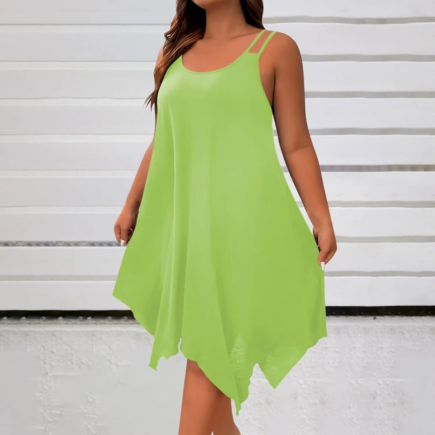 Womens Plus Size Dresses 2025 Summer Sleeveless Scoop Neck Asymmetrical Hem Flowy Midi Cami Dress Casual Loose Dresess