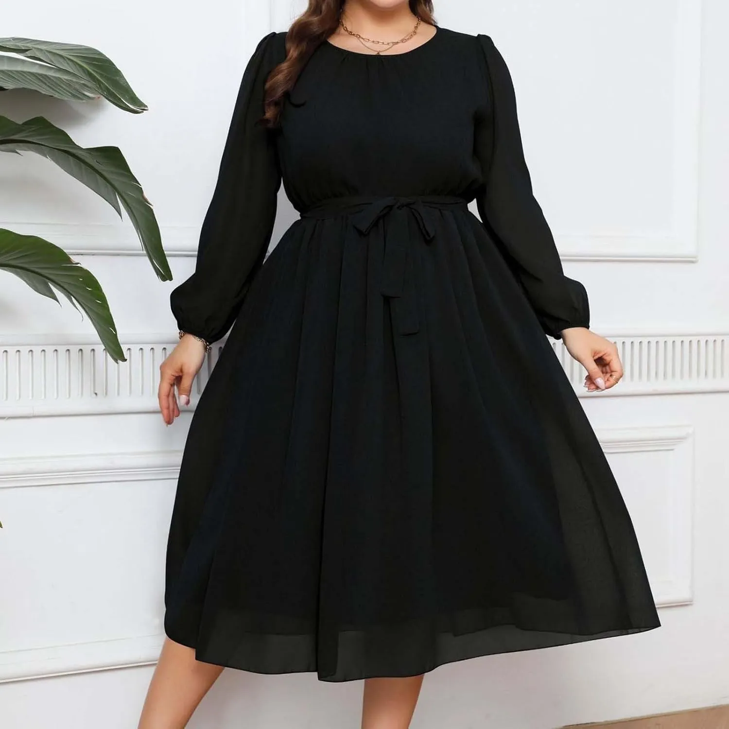 Womens Plus Size Long Sleeve Dresses Summer Tie Waist Casual Round Neck Midi Dress Flowy A Line Chiffon Sundress