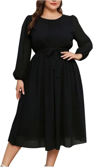 Womens Plus Size Long Sleeve Dresses Summer Tie Waist Casual Round Neck Midi Dress Flowy A Line Chiffon Sundress