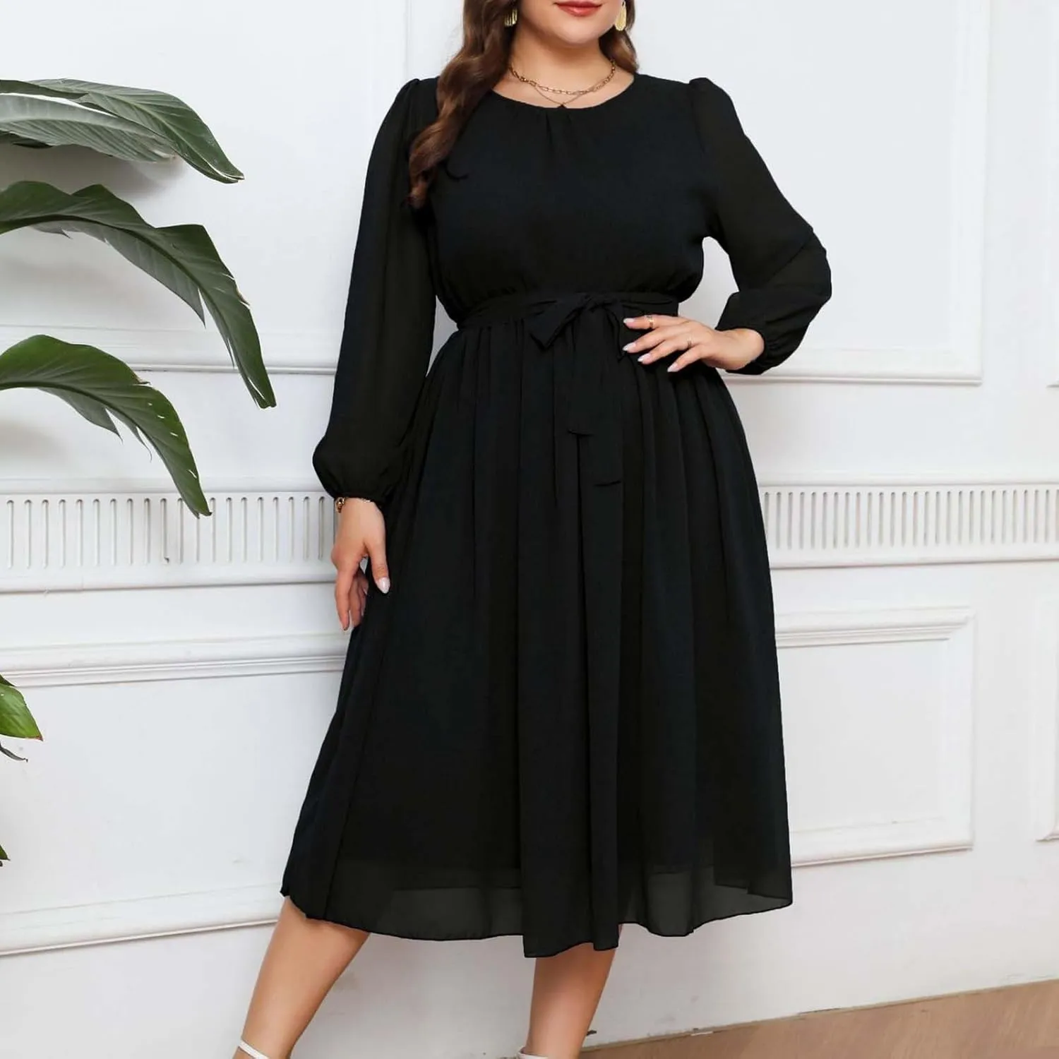 Womens Plus Size Long Sleeve Dresses Summer Tie Waist Casual Round Neck Midi Dress Flowy A Line Chiffon Sundress