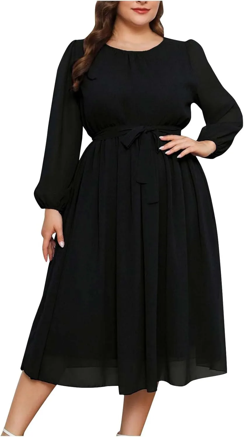 Womens Plus Size Long Sleeve Dresses Summer Tie Waist Casual Round Neck Midi Dress Flowy A Line Chiffon Sundress
