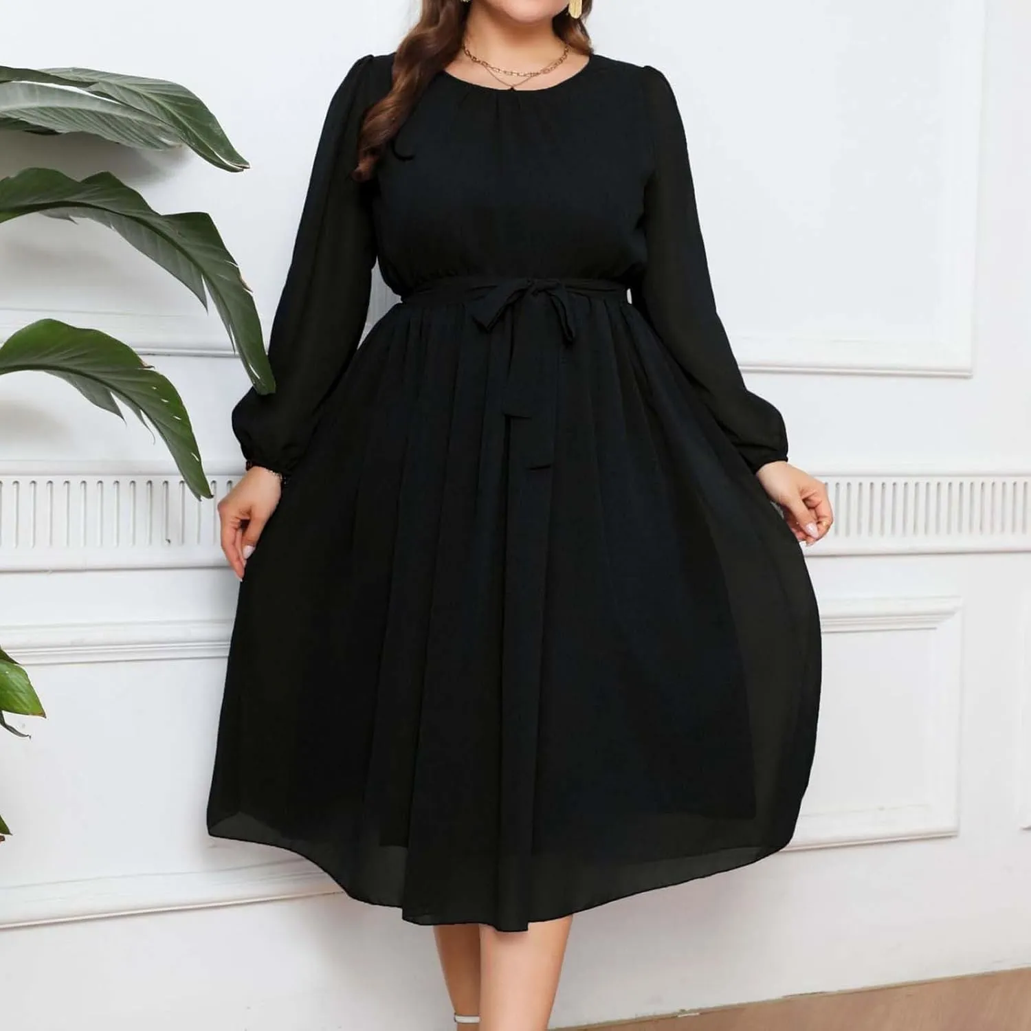 Womens Plus Size Long Sleeve Dresses Summer Tie Waist Casual Round Neck Midi Dress Flowy A Line Chiffon Sundress