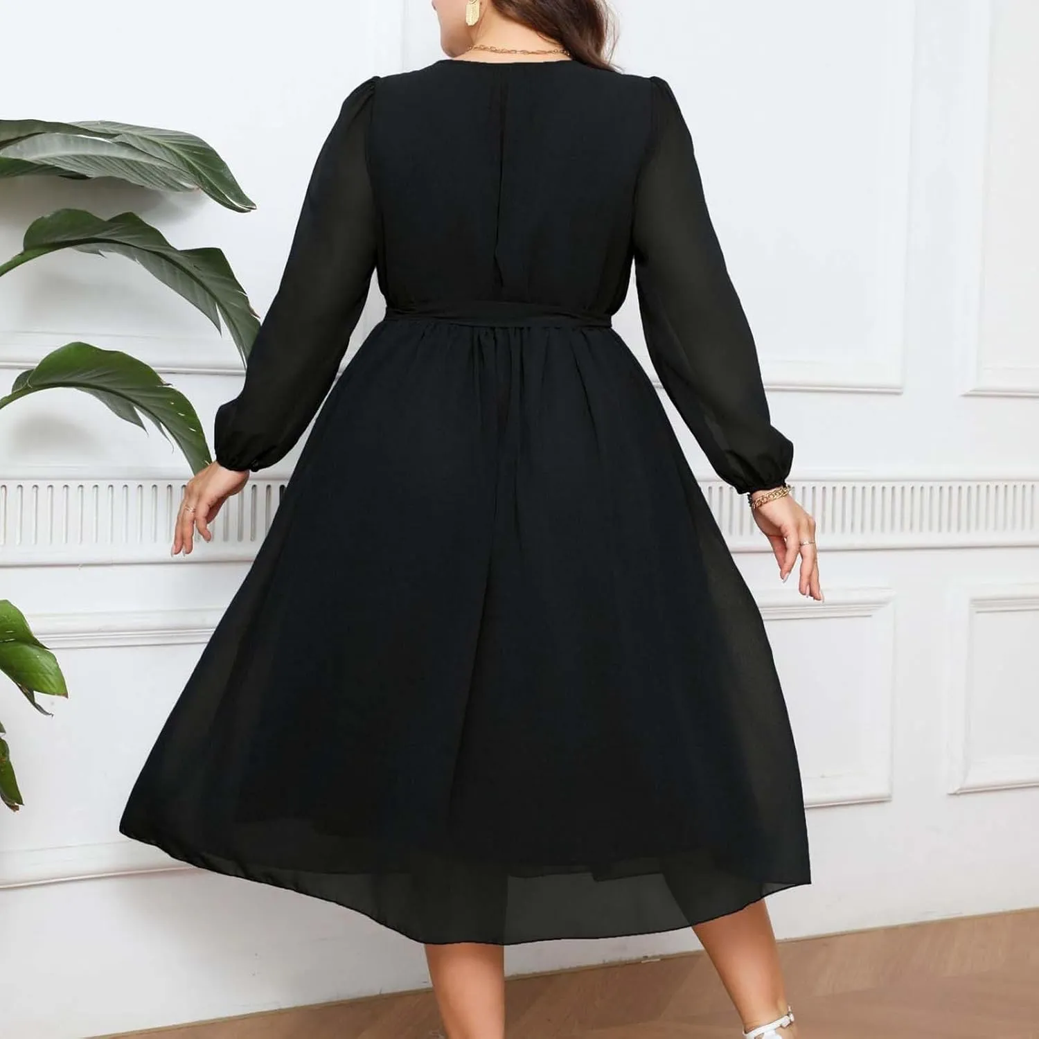 Womens Plus Size Long Sleeve Dresses Summer Tie Waist Casual Round Neck Midi Dress Flowy A Line Chiffon Sundress